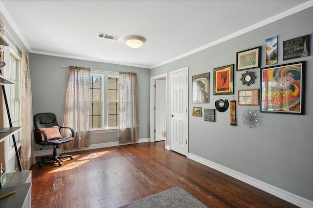 sitting room with dark hardwood / wood-style flooring and ornamental molding