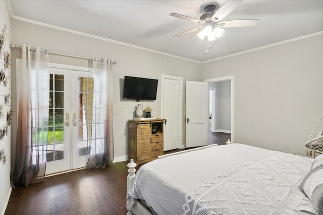 bedroom featuring access to exterior, ceiling fan, french doors, dark hardwood / wood-style flooring, and crown molding