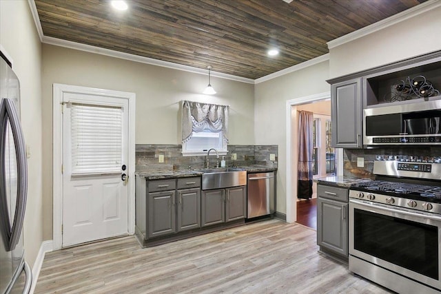 kitchen with sink, dark stone countertops, gray cabinets, decorative backsplash, and appliances with stainless steel finishes