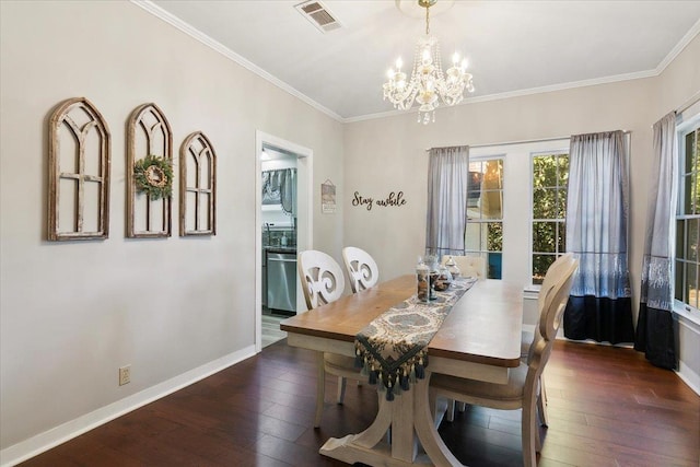 dining space with a chandelier, dark hardwood / wood-style floors, and ornamental molding