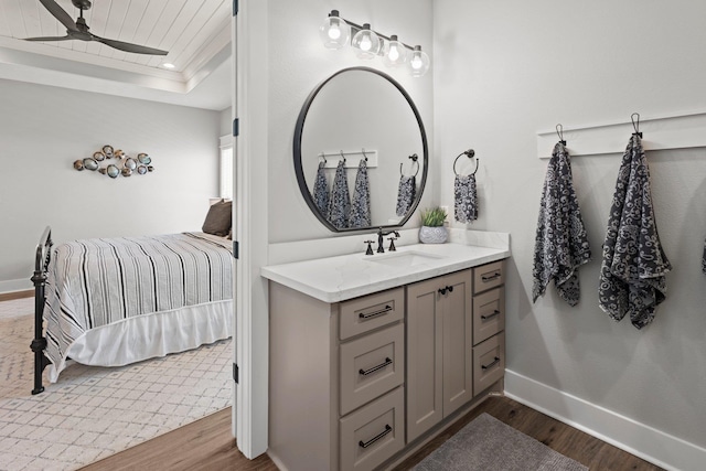 109 Ocean View Dr, Crystal Beach, TX 77650 - bathroom with vanity, ceiling fan, a tray ceiling, baseboards, and wood finished floors