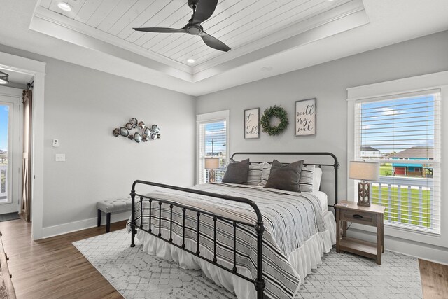 109 Ocean View Dr, Crystal Beach, TX 77650 - bedroom featuring a raised ceiling, baseboards, ornamental molding, and multiple windows