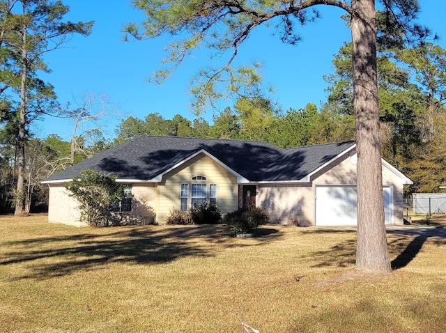 ranch-style home with a garage and a front yard