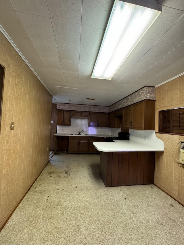 kitchen with light colored carpet, kitchen peninsula, sink, and wooden walls