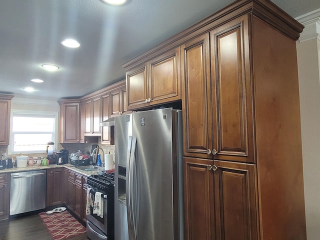 kitchen featuring appliances with stainless steel finishes, backsplash, dark hardwood / wood-style flooring, and sink