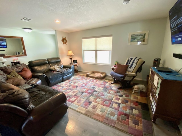 living room featuring a textured ceiling and hardwood / wood-style flooring