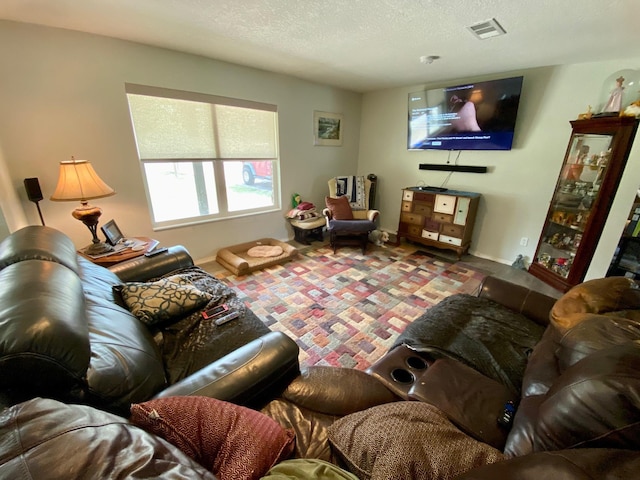 living room with a textured ceiling