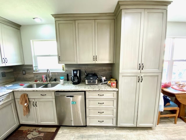 kitchen with light stone countertops, tasteful backsplash, stainless steel dishwasher, and sink