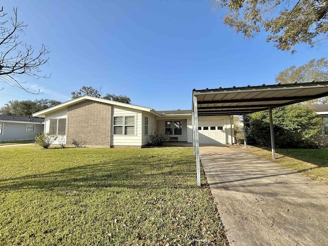 ranch-style home with a carport, a garage, and a front yard