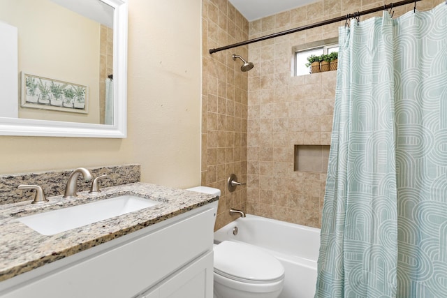 full bathroom featuring shower / bathtub combination with curtain, toilet, and vanity