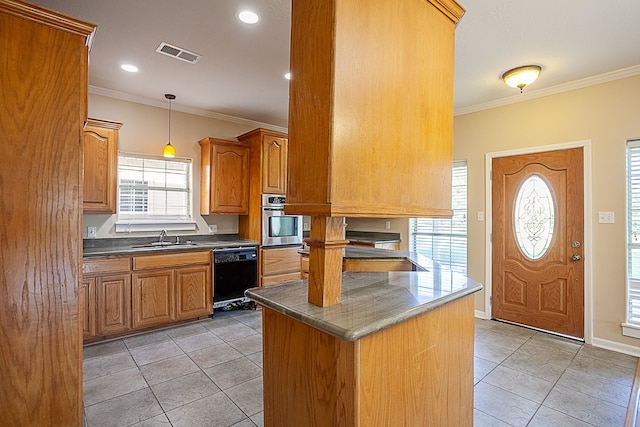 kitchen featuring sink, black dishwasher, light tile patterned flooring, oven, and ornamental molding