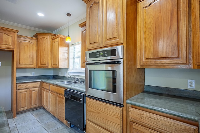 kitchen with stainless steel oven, black dishwasher, sink, crown molding, and light tile patterned flooring