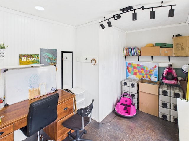 home office with baseboards and crown molding