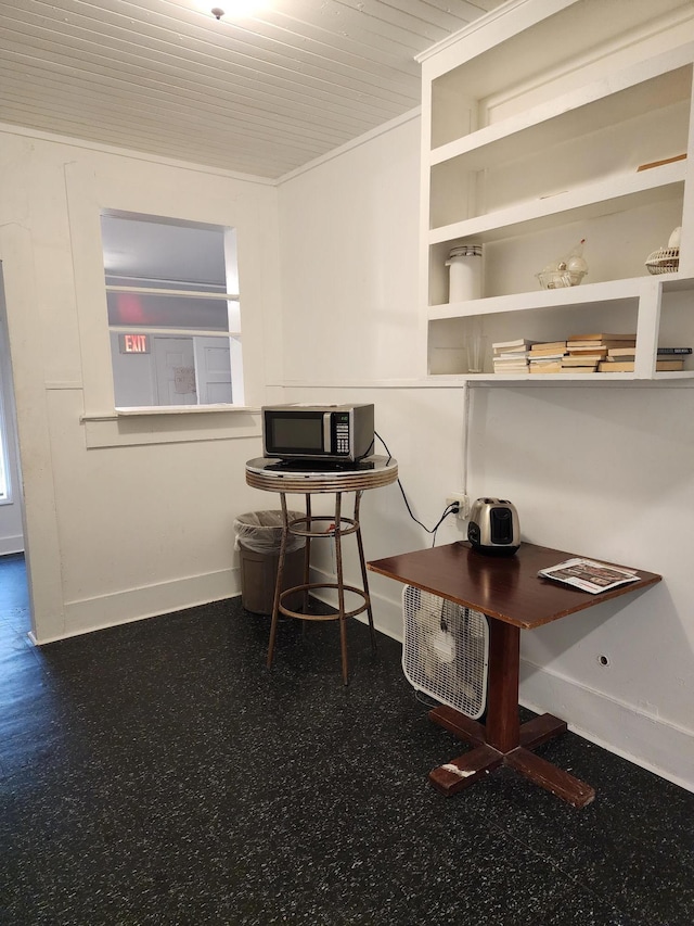 office area featuring wooden ceiling and baseboards