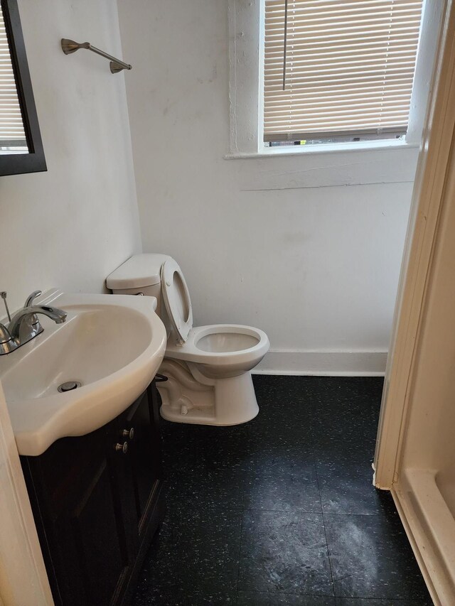 bathroom with vanity, toilet, and tile patterned floors