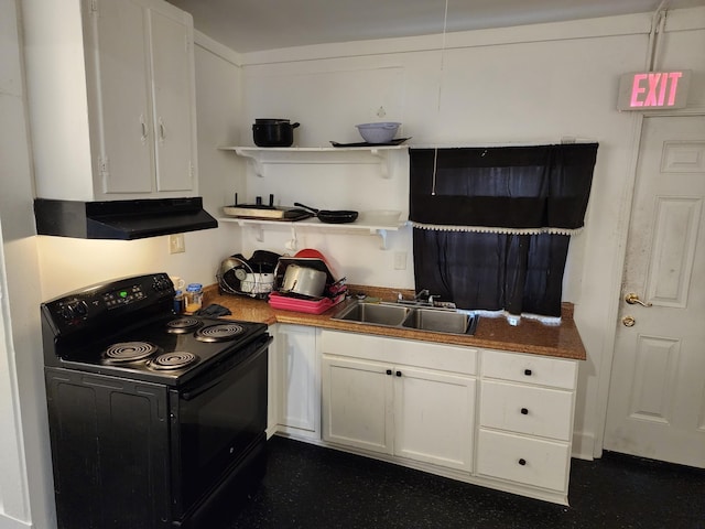 kitchen with black electric range oven, a sink, open shelves, under cabinet range hood, and white cabinets