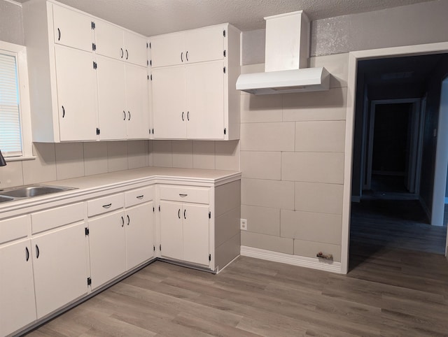 kitchen featuring white cabinetry, light hardwood / wood-style flooring, range hood, and sink