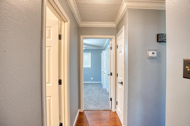 corridor with hardwood / wood-style flooring, ornamental molding, and a textured ceiling