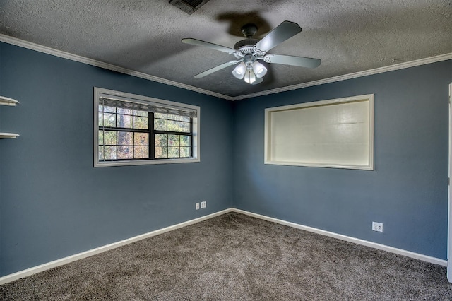 unfurnished room featuring carpet, a textured ceiling, ceiling fan, and ornamental molding