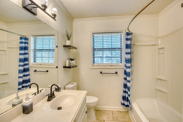 full bathroom with tile patterned floors, ornamental molding, vanity, a textured ceiling, and shower / bath combo with shower curtain