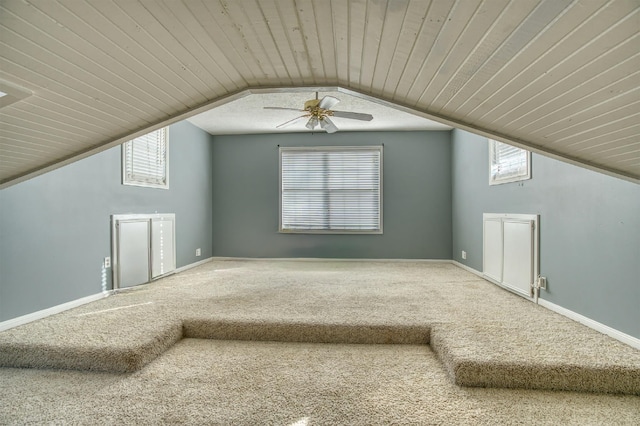 additional living space with ceiling fan, wood ceiling, and lofted ceiling