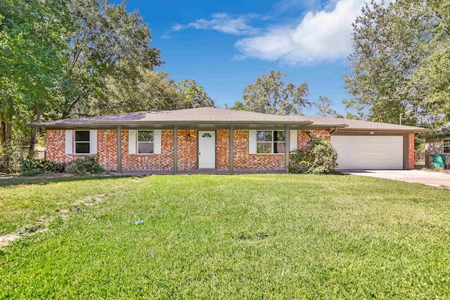 ranch-style house with a front yard and a garage