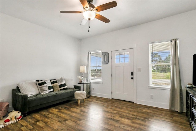 entrance foyer with dark hardwood / wood-style floors, ceiling fan, and a healthy amount of sunlight