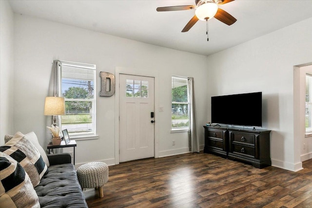 living room with ceiling fan and dark wood-type flooring