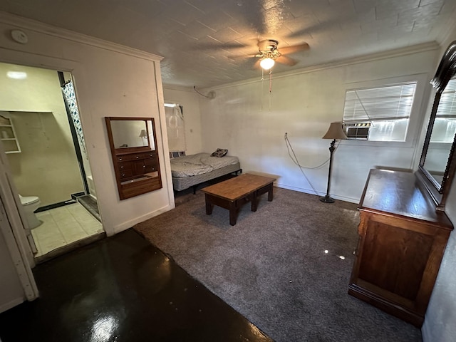 carpeted bedroom featuring ceiling fan and ornamental molding