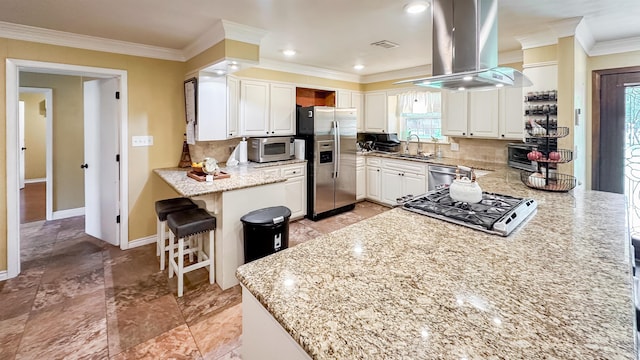 1100 Mitzi Rd, Vidor, TX 77662 - kitchen with appliances with stainless steel finishes, island range hood, a sink, a peninsula, and backsplash