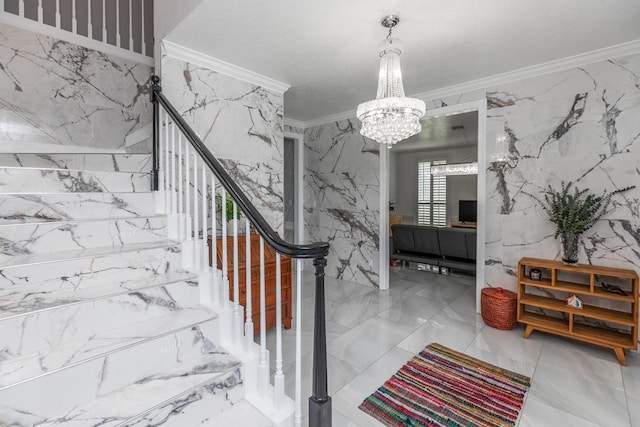 staircase with ornamental molding, marble finish floor, and stone wall