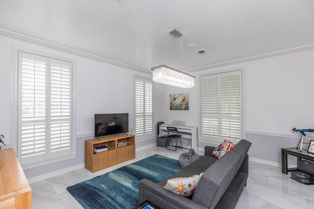 living room featuring crown molding, baseboards, and visible vents
