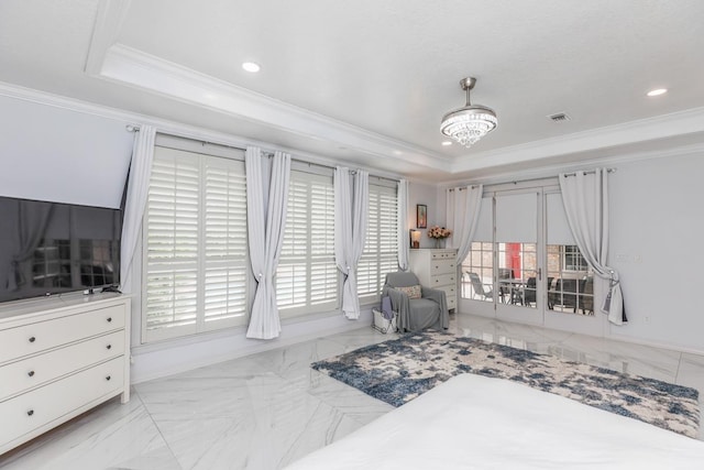 interior space featuring visible vents, marble finish floor, a raised ceiling, and ornamental molding