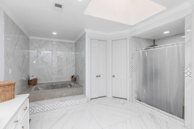 bathroom with a shower with shower curtain, marble finish floor, recessed lighting, visible vents, and a garden tub
