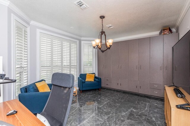 home office with crown molding, a notable chandelier, visible vents, and marble finish floor