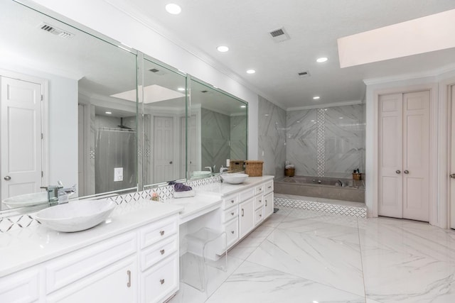 bathroom with crown molding, vanity, recessed lighting, and visible vents