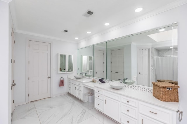 full bath with vanity, ornamental molding, recessed lighting, and visible vents