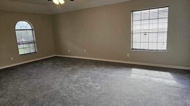 carpeted spare room with ceiling fan and plenty of natural light