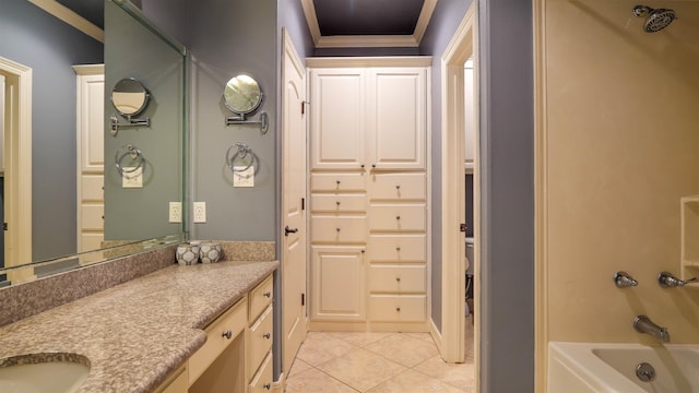 bathroom with tile patterned flooring, vanity, crown molding, and shower / tub combination