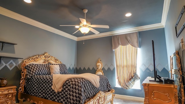 bedroom featuring ceiling fan, baseboards, and ornamental molding