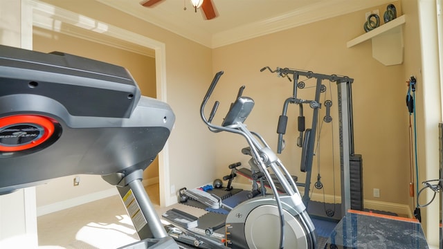 10940 Sheila Ct, Beaumont, TX 77705 - exercise area featuring ceiling fan and crown molding