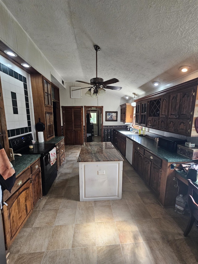 kitchen featuring ceiling fan, black electric range, white dishwasher, dark brown cabinets, and a kitchen island