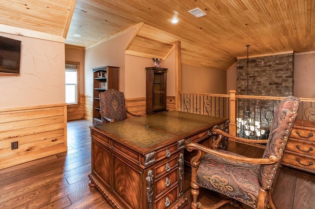 office area with crown molding, hardwood / wood-style floors, wooden ceiling, and lofted ceiling