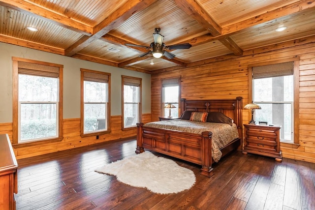 bedroom with wood walls, wooden ceiling, dark wood-type flooring, ceiling fan, and beam ceiling