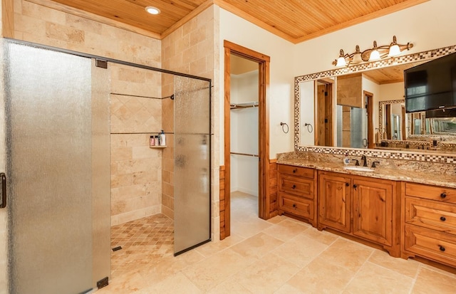 bathroom featuring vanity, wooden ceiling, and an enclosed shower