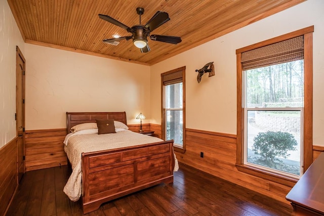 bedroom with ceiling fan, wood walls, dark hardwood / wood-style flooring, and wood ceiling