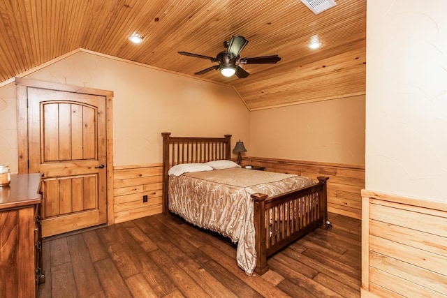 bedroom featuring vaulted ceiling, ceiling fan, dark wood-type flooring, and wood ceiling