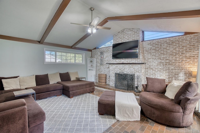 living room featuring ceiling fan, a fireplace, lofted ceiling with beams, and brick wall