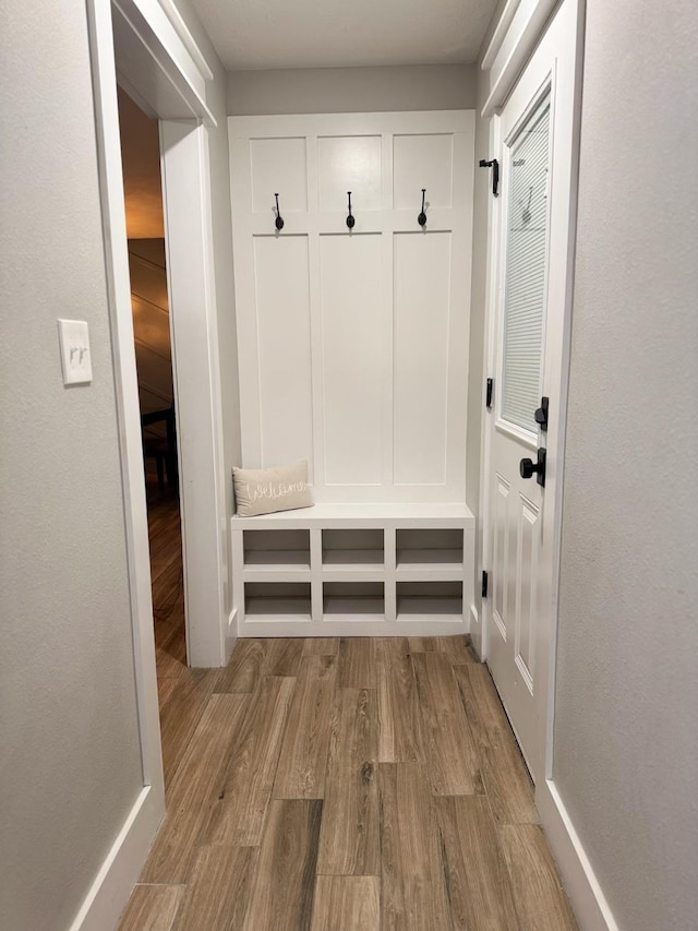 mudroom featuring baseboards and wood finished floors