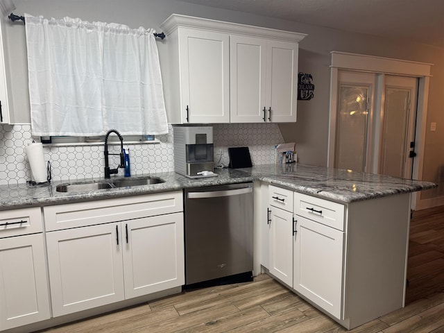 kitchen featuring tasteful backsplash, white cabinets, a sink, dishwasher, and a peninsula